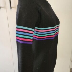 Meister black sweater with pastel stripes across chest 100% wool retro sweater